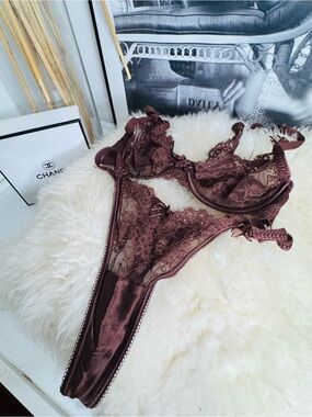 Lounge Lace & Satin Thong Bra Set - Burgundy